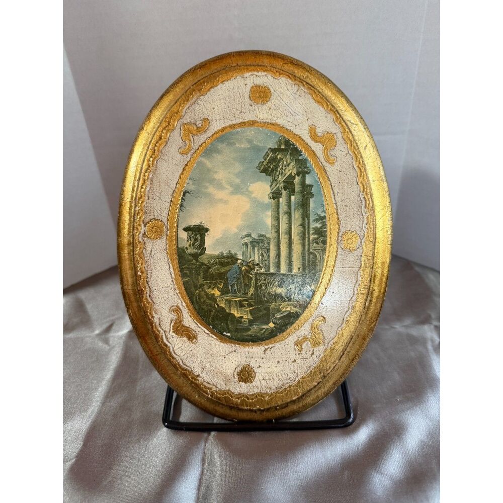 Florentine Gilt Oval Frame w/ Roman Forum Temple of Saturn Print – Italy, 1950s